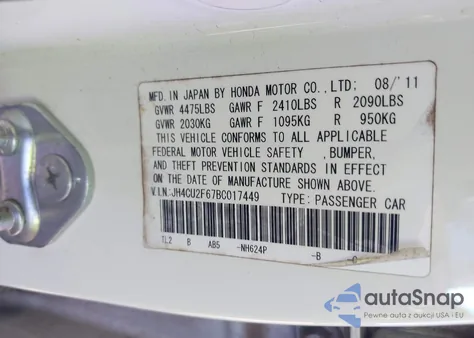 2011 Acura Tsx 2.4 из США, поврежденный, VIN JH4CU2F67BC017449